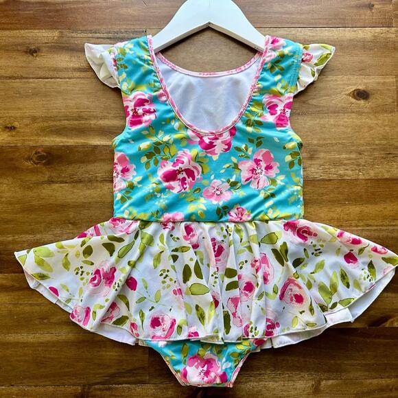 SweetHoney Sleeveless Skirted Leotard Swirly Aqua Blue Pink Cream Green Floral 6 - Picture 5 of 6